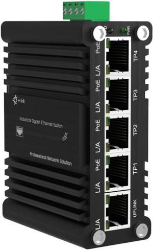 Mini Industrial 4-Port 10/100/1000BASE-T 802.3at PoE + 1-Port 10/100/1000T Ethernet Switch, Din Rail Unmanaged 10/100/1000Mbps Network Switch 30W/Port Max 120W 12-48V DC Thick Shell