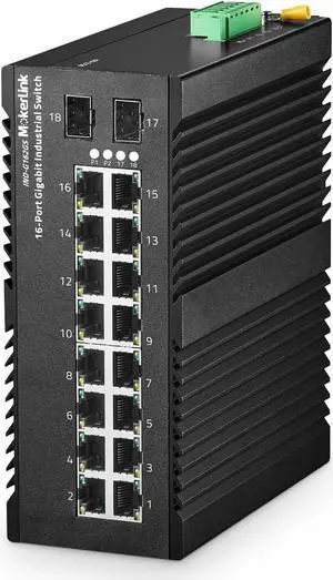 MokerLink 16 Port Gigabit Industrial DIN-Rail Ethernet Switch, 2 Gigabit SFP Ports, Unmanaged IP40 Network Switch (-40 to 185°F), with Power Supply