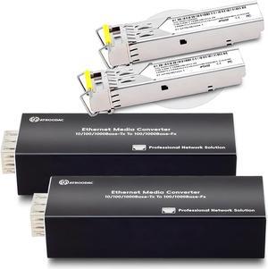 A Pair of Mini Fiber to Ethernet Converter with 2 Pcs 1.25G BIDI LC Single Port Transceiver Module up to 20KM 10/100/1000Base-Tx RJ45 to 100/1000BASE-SX SFP Slot Media Converter