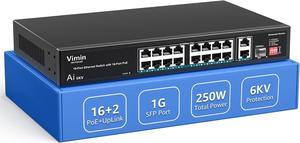 16 Port 10/100Mbps Fast Ethernet PoE Switch+2 Uplink Gigabit Ports+1 SFP, VIMIN 19 Port Unmanaged Switch Gigabit Up to 30W, Total Budget 250W,VLAN, Support IEEE802.3af/at