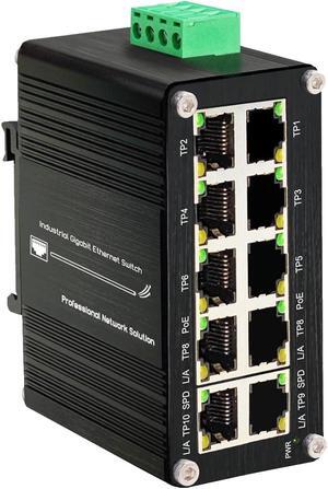 Mini 10 Ports PoE+ Gigabit Ethernet Switch - Industrial-Grade Unmanaged Network Switch with 8 PoE & 2 Uplink Ports,Plug and Play,Din Rail Mount PoE Switch (-40 to 176°F) Ideal for CCTV IP Cameras