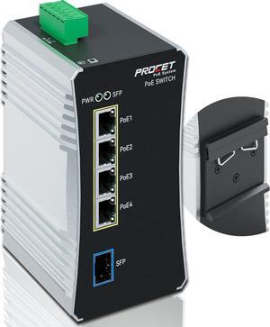 Procet Gigabit PoE Switch 4-Port Din Rail, 90W/Port, Industrial PoE++ Fiber Media Converter with Wide Temp -40°F to 149°F, SFP Slot, Boost, 12-57V DC Input, IEEE802.3af/802.3at/802.3bt, PT-PIS4PB1S-E