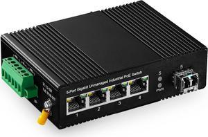 Binardat 5 Port Gigabit PoE Din Rail Industrial Ethernet Switch, 4 PoE IEEE802.3af/at, 1 SFP Port with 20km LC Module, with One 60W PoE Power Supply