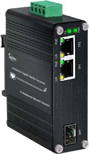 Mini Industrial 2 Ports Gigabit Fiber Media Converter Supporting DIN-Rail Installation, IEEE 802.3af/at 30W PoE+ Fiber Switch with 2 RJ45 Port and 1 SFP Port, 12~48V DC Power Input