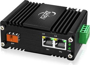 Mini Industrial SFP Fiber to Ethernet Media Converter Supports DIN-Rail Installation, 1x 100/1000Base-X SFP Slots to 2X 10/100/1000Base-T RJ45 Gigabit 2 Port Fiber Converter, 12~48V DC Power Input