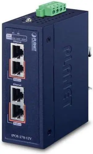 IPOE-270-12V Industrial 2-Port Multi-Gigabit 802.3bt PoE++ Injector Hub w/12V Booster (-40~75C, 12~56VDC) IPOE-270-12V Industrial 2-Port Multi-Gigabit 802.3bt PoE++ Injector Hub w/12V Booster (-40~75C, 12~56VDC)