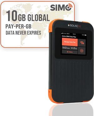 SIMO Solis 5G WiFi Mobile Hotspot + 10GB Global Data, Local and International Coverage Router, Multi-Carrier Access, No Contract or SIM Card Required, 16 Connected Devices, 1GB/Month Lifetime Data