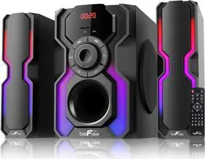 beFree Sound 2.1 Channel Bluetooth Multimedia Wired Speaker Shelf Stereo System with Reactive LED Lights, FM Radio, USB, and SD Inputs, Black (BFS-Shelf Speaker)