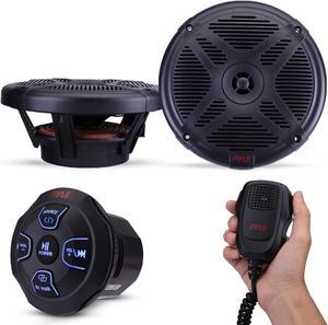 Pyle Marine Bluetooth Receiver Speaker Kit - Waterproof Audio Entertainment System Set w/Dual 6.5" Boat Speakers, Wireless BT Controller, Compact Handheld Broadcasting Microphone (Black)