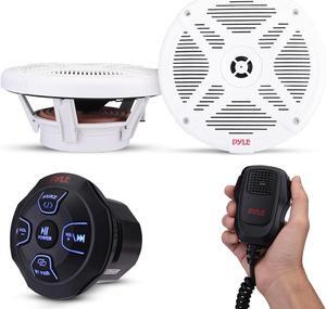 Pyle Marine Bluetooth Receiver Speaker Kit - Waterproof Audio Entertainment System Set w/Dual 6.5" Boat Speakers, Wireless BT Controller, Compact Handheld Broadcasting Microphone (White)