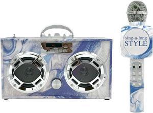 Portable Party Speaker: Retro Boombox with Bluetooth, LED Light Show, Enhanced FM Radio, Rechargeable Battery (Blue Swirl - Bundle w/Mic)