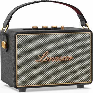 Vintage 80Watts No Distortion Wireless Bluetooth Wooden Portable Retro Blue Tooth Home Speaker with Deep Bass Subwoofer Fabric Grill Leather Strap Handle-Black