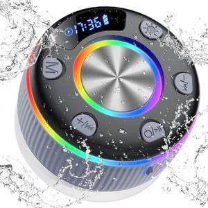 Bluetooth Shower Speaker, Portable Bluetooth 5.3 Speakers Wireless with Time Display, IP7 Waterproof Speaker with RGB Lights, Stereo Bass, Suction Cup, Mini Speaker for Bathroom Party Outdoor, Gray