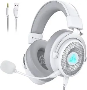 EKSA USB Gaming Headset for PC, Computer Gaming Headphones with Detachable Microphone Noise Cancelling, 7.1 Surround Sound, 50MM Driver, Wired Headset for PS4 PS5, Xbox One, Laptop (White)