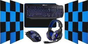 Ritz Gear Gaming Kit (Blue) | 4-in-1 LED Backlight Bundle PC Combo with Multimedia Keyboard, Mouse, Headset & Wedge Panels for Sound Insulation Panels