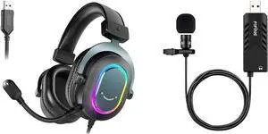 FIFINE PC Gaming Headset with 7.1 Surround Sound, RGB, Soft Ear Pads, USB Lavalier Microphone for Laptop and Mac (H6+K053)