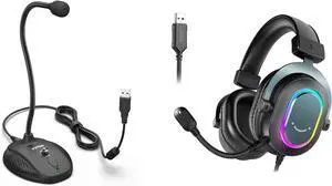 FIFINE PC Gaming Headset and USB Microphone, Headphones with Microphone-7.1 Surround Sound,with EQ Mode, RGB, Soft Ear Pads,Computer Recording Mic for Streaming,YouTube,Zoom,Twitch Games (H6+K054)