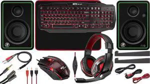 Ritz Gear Red Gaming Accessory Kit I 4-in-1 LED Combo of Multimedia Keyboard, Optical Mouse, Mouse Pad, Headset | Compatible with Windows 7+ Desktop, Laptop, Xbox & PS4 with CR5-X Bluetooth Monitors