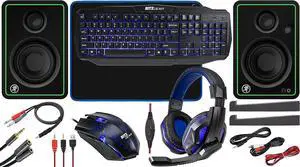 Ritz Gear Blue Gaming Accessories Kit I 4-in-1 LED Combo with Multimedia Keyboard, Optical Mouse, Mouse Pad & Headset with Adapter | for Windows 7+ Desktop, Laptop, Xbox & PS4 with CR5-X 5" Monitors