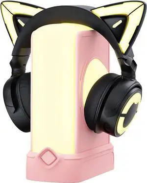 YOWU RGB Cat Ear Headphones 4GS Black and Crystal Headphone Stand Pink, Accessories for The Ultimate Experience