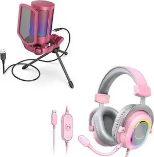 FIFINE AmpliGame PC Gaming Streaming USB Microphone and PC Gaming Headset,Condenser RGB Mic with Pop Filter,Shock Mount,Computer RGB Over-Ear Headphones with 7.1 Surround Sound for PS4/PS5(A6R+H6P)