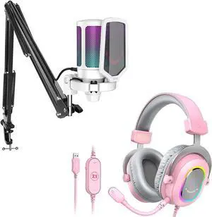 FIFINE Streaming Gaming USB Microphone Kit and PC Gaming Headset with 7.1 Surround Sound,Condenser RGB Mic,Plug and Play,Computer RGB Over-Ear Headphones for PS4/PS5,for Streaming/Game Voice(A6TW+H6P)