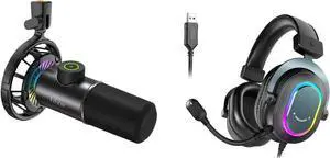 FIFINE USB Dynamic Microphone and Gaming Headset, RGB Cardioid Gaming Computer Mic with Headphone Jack, Wired Headphones with 7.1 Surround Sound for Streaming Podcast Twitch YouTube Discord (K658+H6)