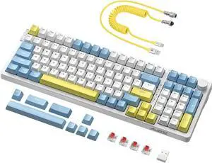 A.JAZZ AK992 99Keys Hot Swappable,Bluetooth/2.4G/Wired,Gasket Mount,RGB Backlight,Mechanical PC Gaming Keyboard,Coiled USB C Cable,Custom Linear Switch,Knob Control,PBT Keycaps(Summer Blue)