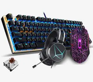 Gaming Keyboard Mouse Headset Three-Piece,Mechanical Keyboard and Mouse Combo Blue Light Wired USB Keyboards for PC Gamer Computer Desktop (Color : Black A-Tea Shaft)