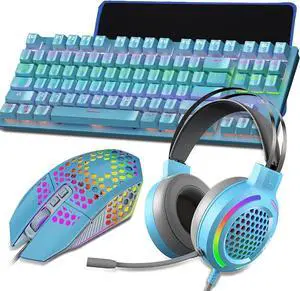 Wired Mechanical Keyboard Mouse Headset Kit, Green Switch Keyboards, Gaming Mouse and RGB Headphones for Laptop Computer PC Games (Color : Blue)