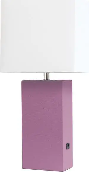 Elegant Designs Modern Leather Table Lamp with USB and White Fabric Shade, Purple
