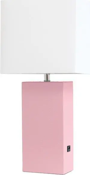 Elegant Designs Modern Leather Table Lamp with USB and White Fabric Shade, Pink