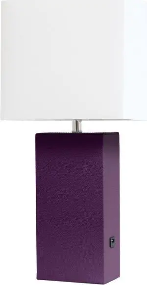 Elegant Designs Modern Leather Table Lamp with USB and White Fabric Shade, Eggplant
