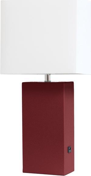 Elegant Designs Modern Leather Table Lamp with USB and White Fabric Shade, Red