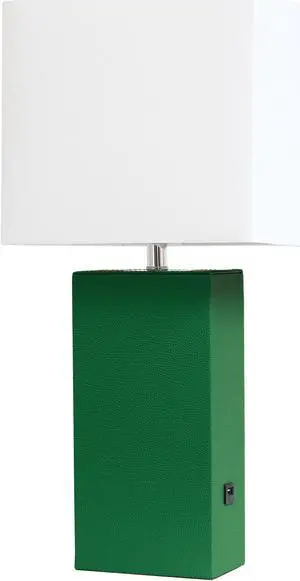 Elegant Designs Modern Leather Table Lamp with USB and White Fabric Shade, Green