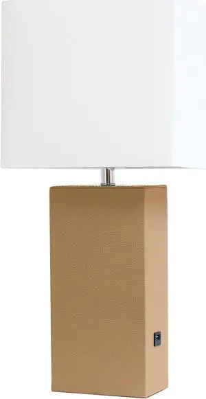 Elegant Designs Modern Leather Table Lamp with USB and White Fabric Shade, Beige