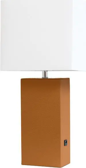 Elegant Designs Modern Leather Table Lamp with USB and White Fabric Shade, Tan