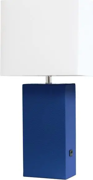 Elegant Designs Modern Leather Table Lamp with USB and White Fabric Shade, Blue