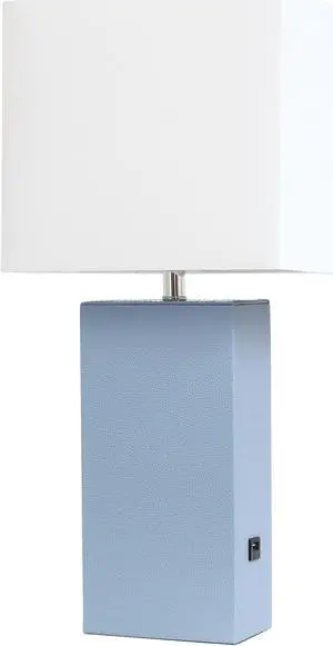 Elegant Designs Modern Leather Table Lamp with USB and White Fabric Shade, Periwinkle