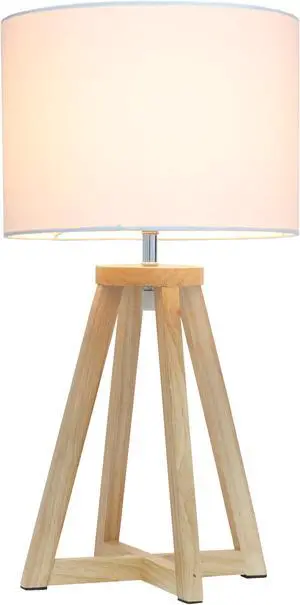 Simple Designs Interlocked Triangular Natural Wood Table Lamp with White Fabric Shade