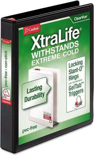 Cardinal XtraLife ClearVue Non-Stick Locking Slant-D Ring Binder ,BNDR,1",CV, D-RING,BK
