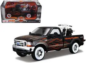 1999 Ford F-350 Super Duty Pickup Black with Flames 1/27 & 2002 Harley Davidson FLSTB Motorcycle Night Train 1/24 Diecast Models by Maisto