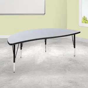 60" Half Circle Wave Flexible Collaborative Oak Thermal Laminate Activity Table - Height Adjustable Short Legs