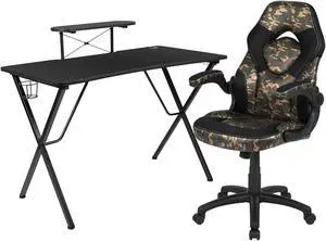 Black Gaming Desk and Camouflage/Black Racing Chair Set with Cup Holder, Headphone Hook, and Monitor/Smartphone Stand