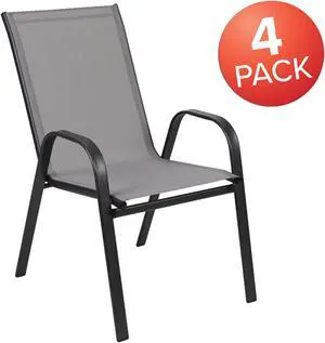 4 Pack Brazos Series Gray Outdoor Stack Chair with Flex Comfort Material and Metal Frame