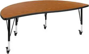Mobile 60" Half Circle Wave Flexible Collaborative Oak Thermal Laminate Activity Table - Height Adjustable Short Legs