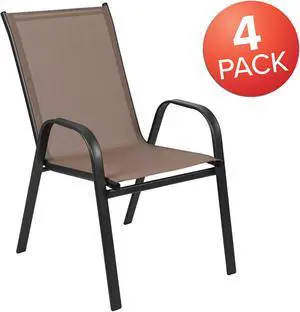 4 Pack Brazos Series Brown Outdoor Stack Chair with Flex Comfort Material and Metal Frame