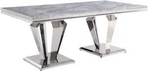 Dining Table, Light Gray Printed Faux Marble & Mirrored Silver Finish