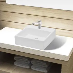 vidaXL Ceramic Bathroom Sink Basin with Faucet Hole White Square