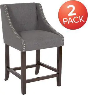 Carmel Series 24" High Transitional Walnut Counter Height Stool with Nail Trim in Dark Gray Fabric, Set of 2
